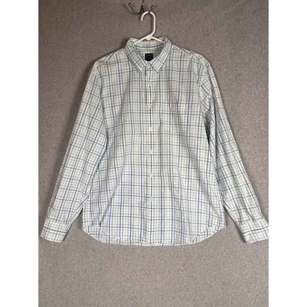 J. Crew Button Front Shirt Men’s XL White Blue Green Plaid Long Sleeve